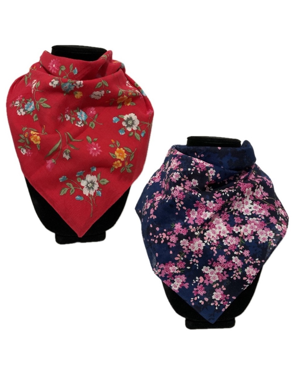 2 Scarves / Neckerchiefs - Red Floral and Navy Blue with Cherry Blossoms